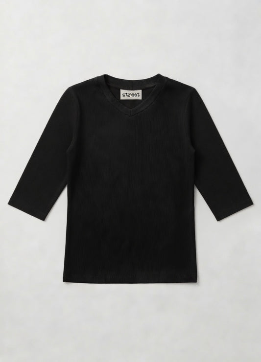 MICRORIBBED V-NECK 3/4 SLEEVES - BLACK