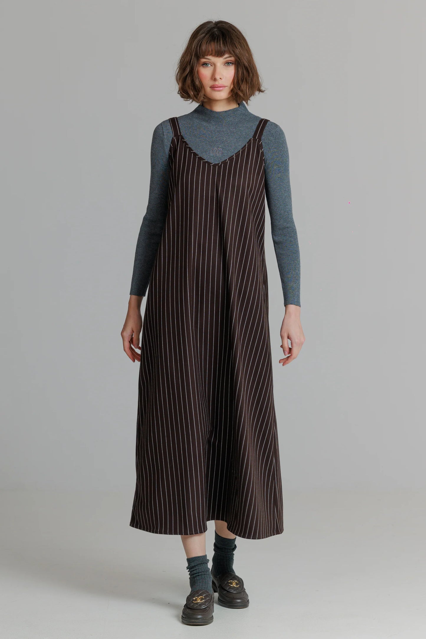 BROWN PINSTRIPE SLIP JUMPER
