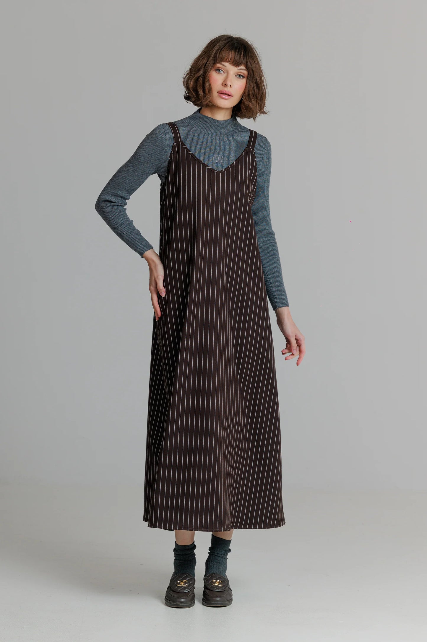 BROWN PINSTRIPE SLIP JUMPER