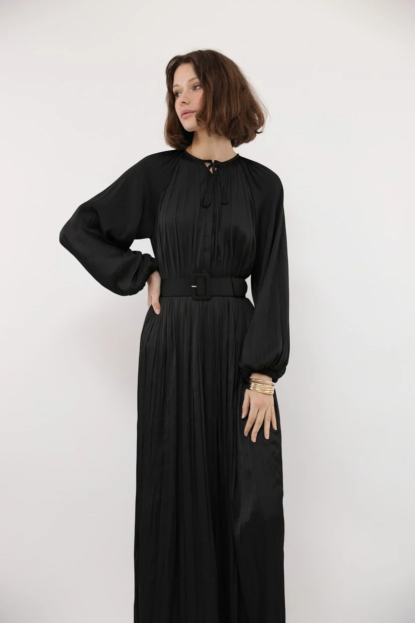 BLACK BETTY SATIN PLEATED DRESS