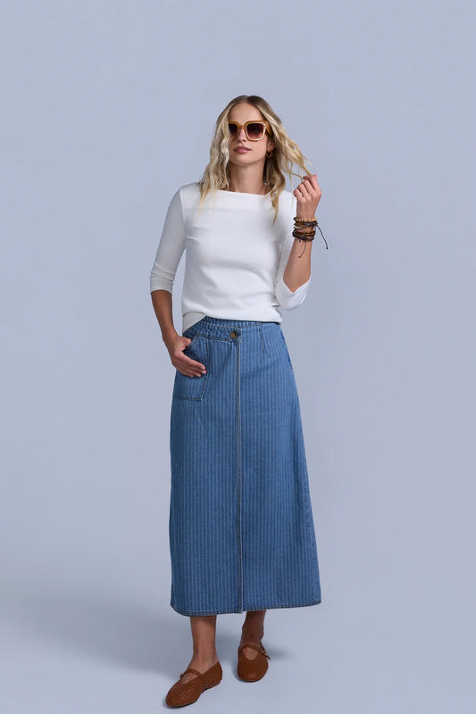 PINSTRIPE WRAP DENIM SKIRT