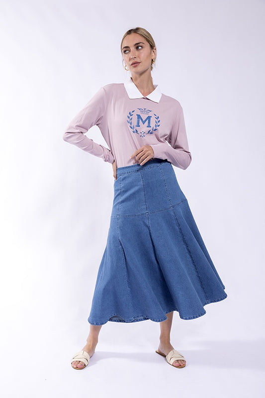 BLUE PANEL DENIM MIDI SKIRT