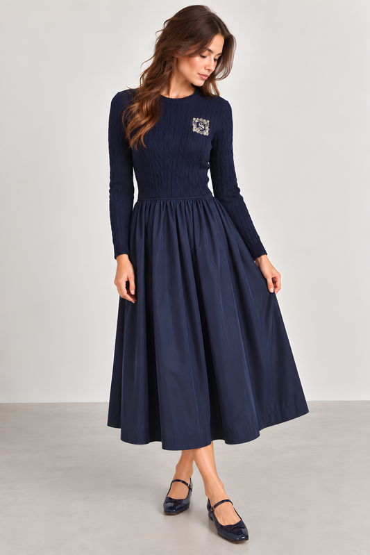 LOGO EMBROIDERED MIXED MEDIA KNIT DRESS AVAILABLE IN 2 COLORS