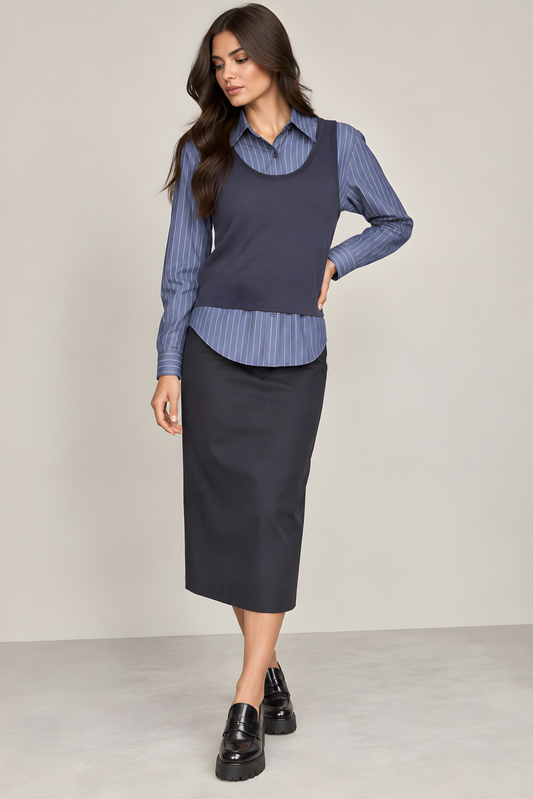 KNIT VESTED PINSTRIPED BLOUSE AVAILABLE IN 2 COLORS