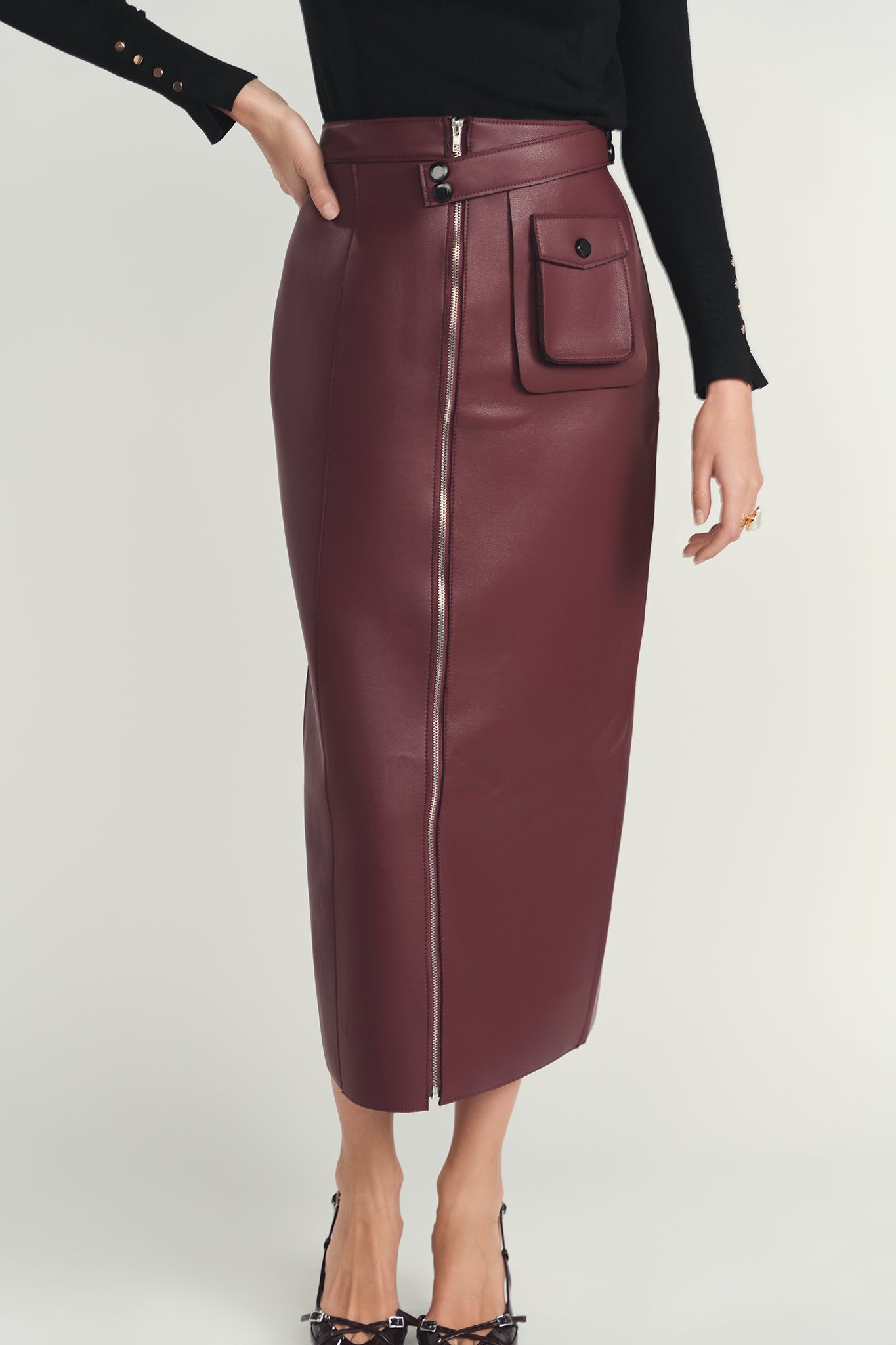 MAROON STRUCTURED LEATHER SKIRT