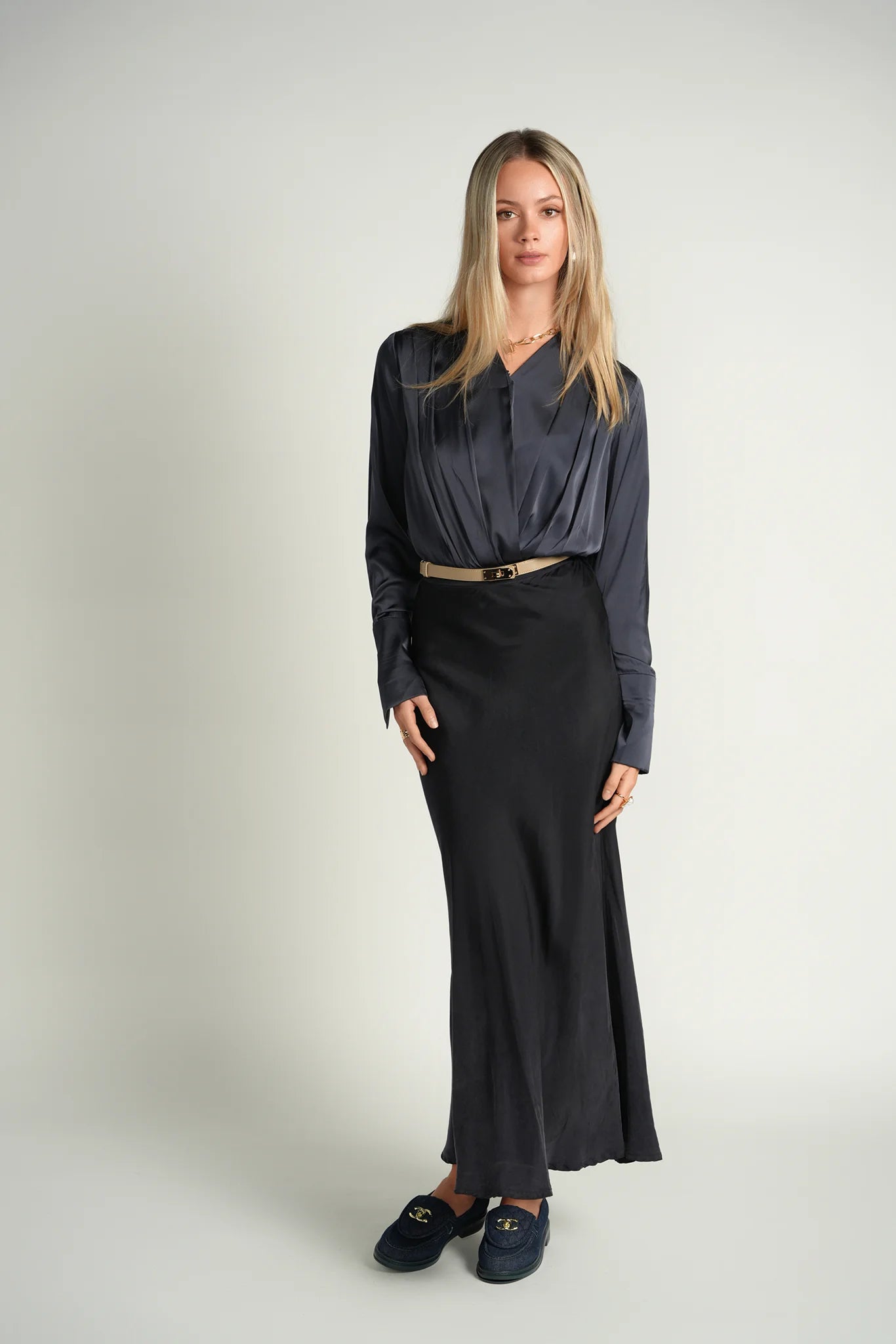 NAVY DRAPE BODYSUIT