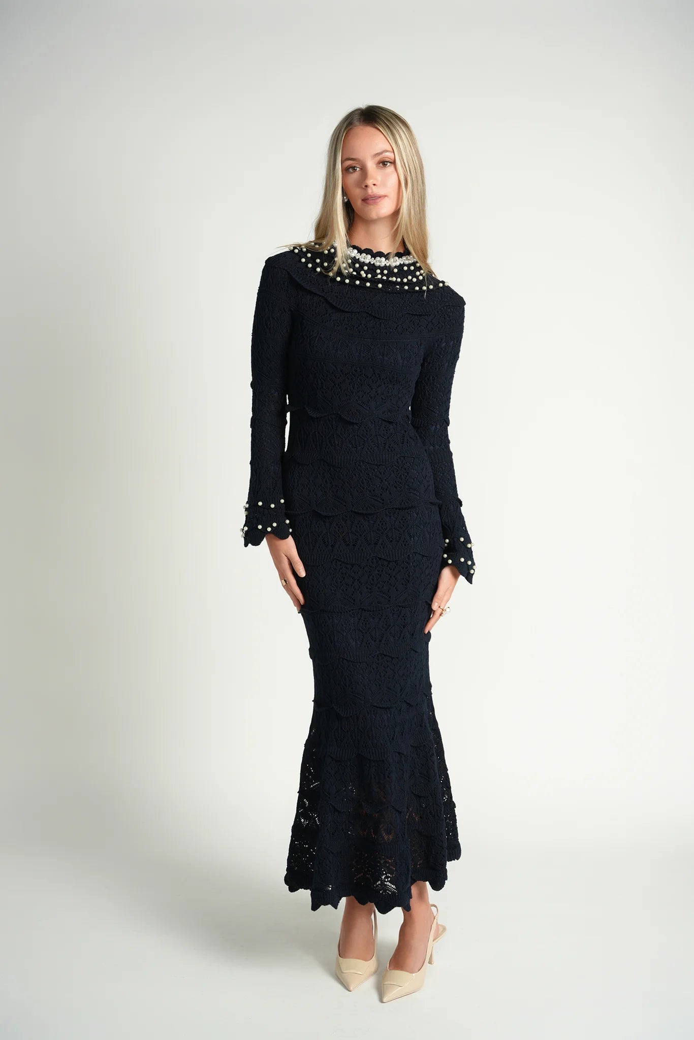 PEARL KNIT MIDI DRESS ~ NAVY