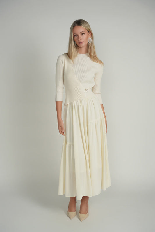 IVORY CONTRAST KNIT MIDI DRESS