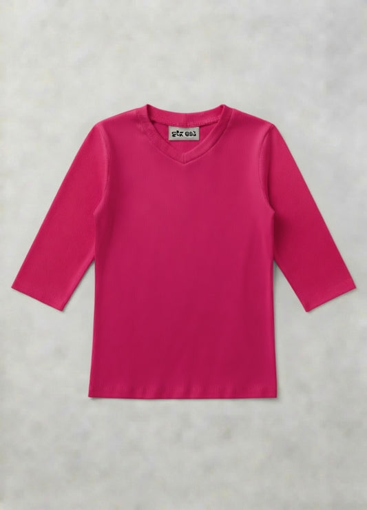 MICRORIBBED V-NECK 3/4 SLEEVES - FUSCIA