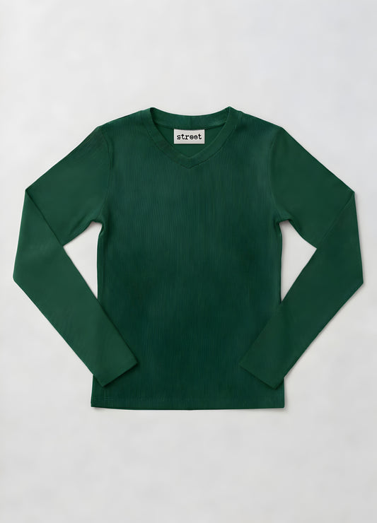 MICRORIBBED V-NECK LONG SLEEVES - GREEN