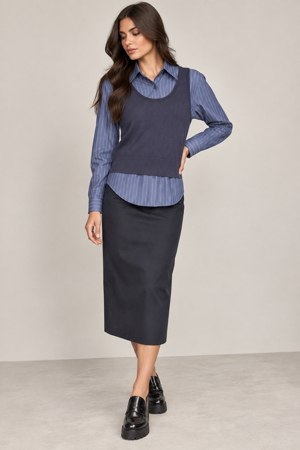 PREPPY PINSTRIPED SHIRT AND KNIT VEST COMBO AVAILABLE IN 2 COLORS