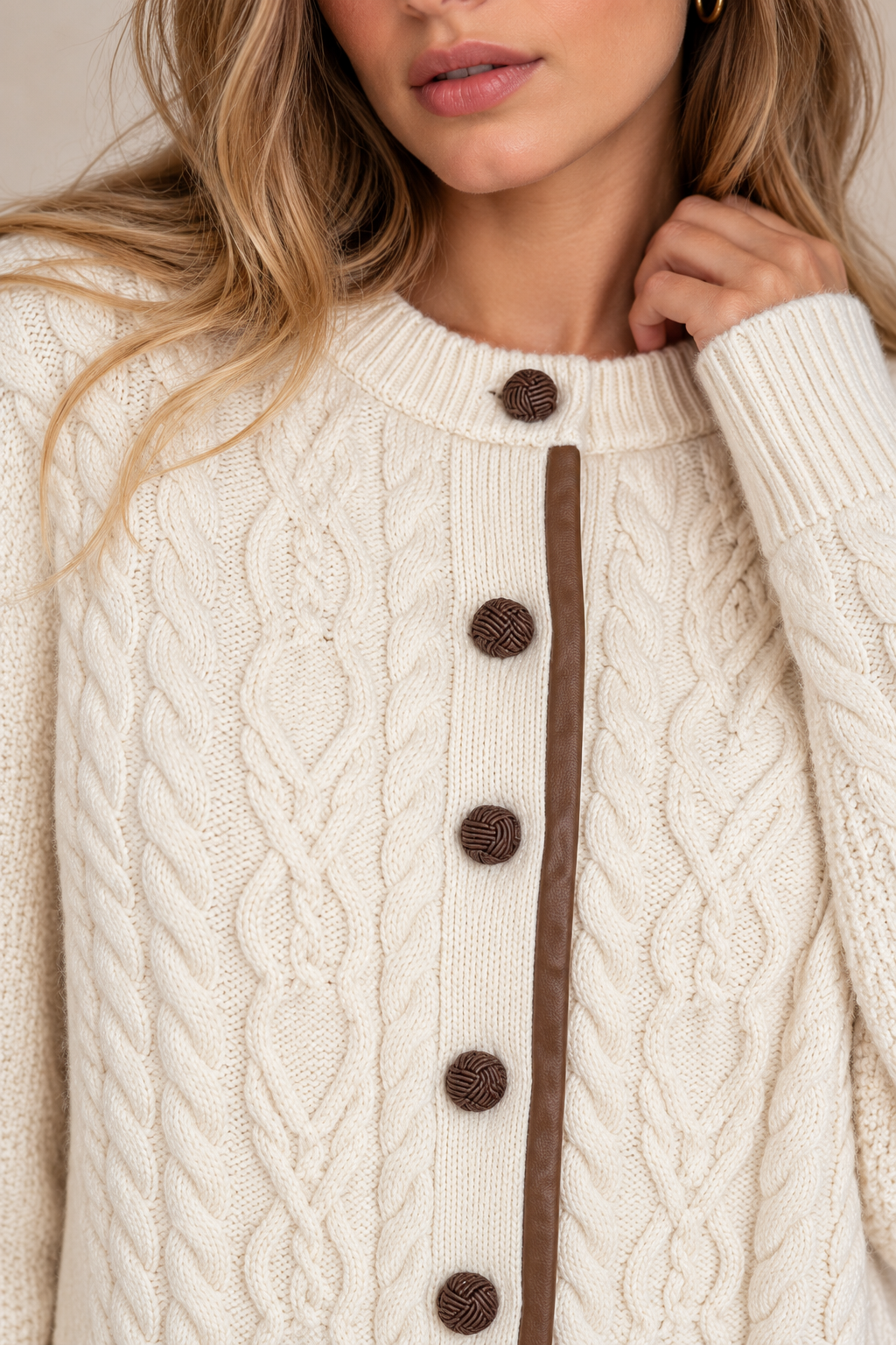 CABLE KNIT CARDIGAN WITH LEATHER TRIM