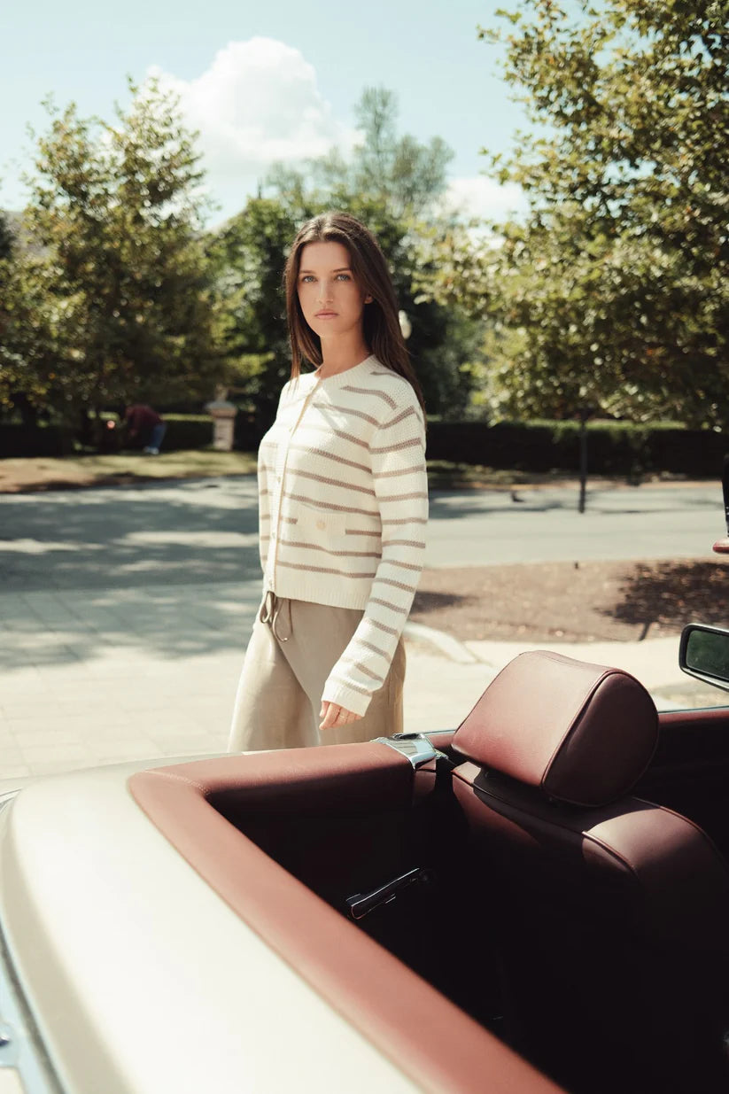 TAN STRIPE CARDIGAN WITH GOLD BUTTONS