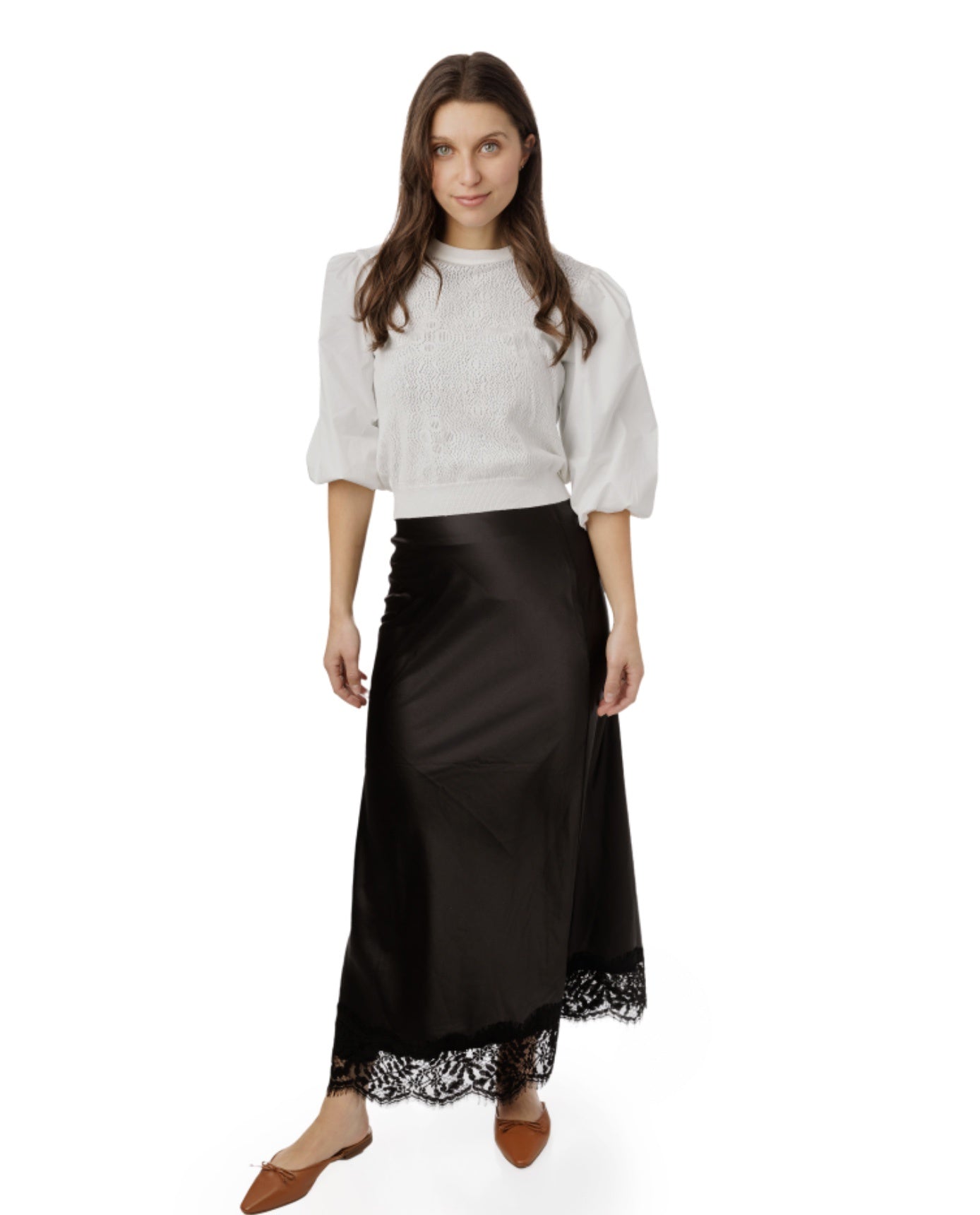 WHITE KNIT CENTER WITH COTTON SLEEVES