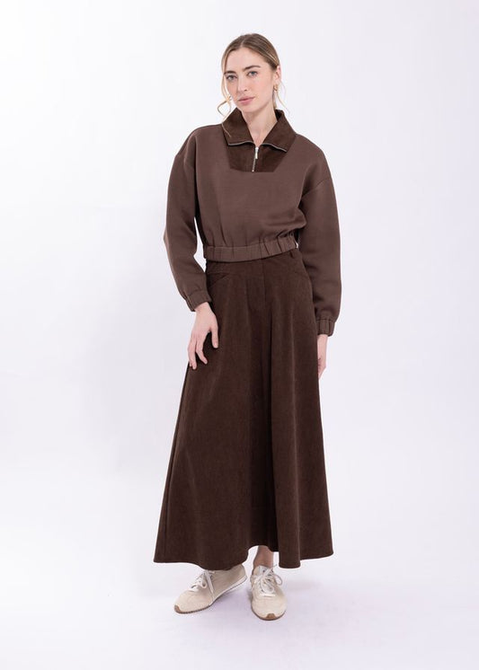 BROWN CORDUROY SKIRT WITH V YOKE