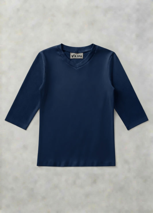 MICRORIBBED V-NECK 3/4 SLEEVES - NAVY