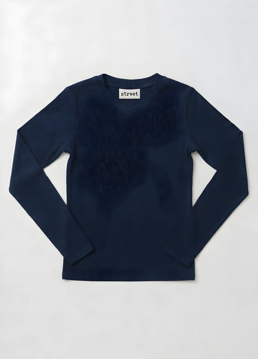 MICRORIBBED V-NECK LONG SLEEVES - NAVY