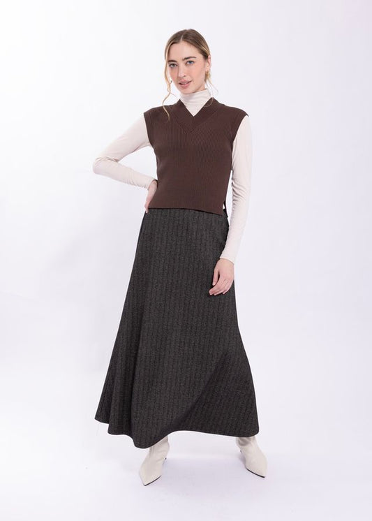 BROWN MULTI STRIPE TEXTURED FLARE SKIRT
