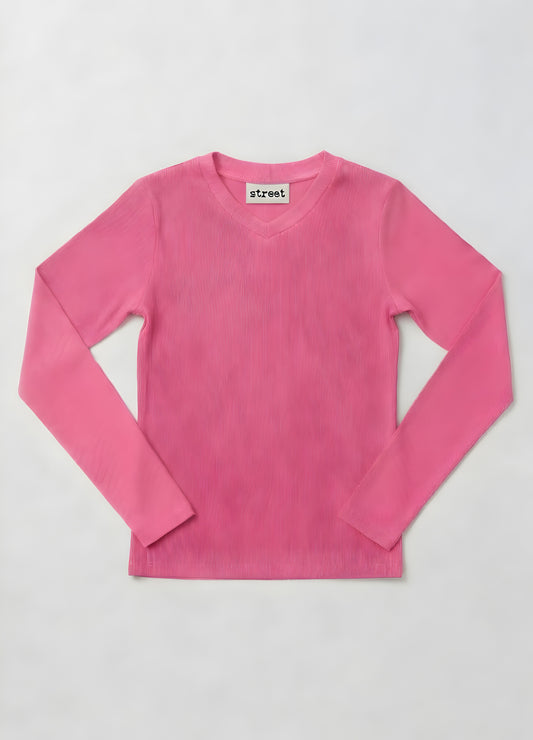 MICRORIBBED V-NECK LONG SLEEVES - PINK