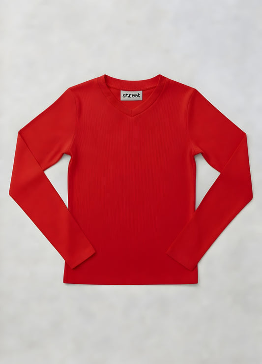 MICRORIBBED V-NECK LONG SLEEVES - RED