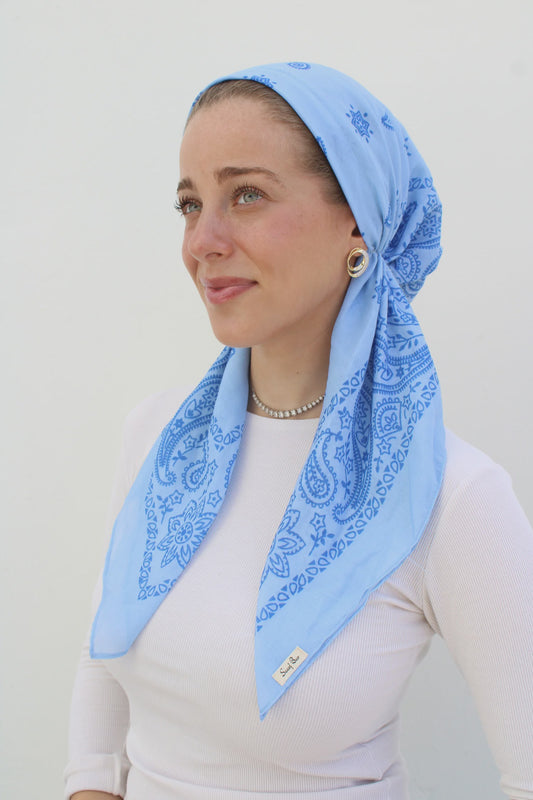 SHORT CLASSIC PRETIED PAISLEY SKY BLUE HEAD SCARF