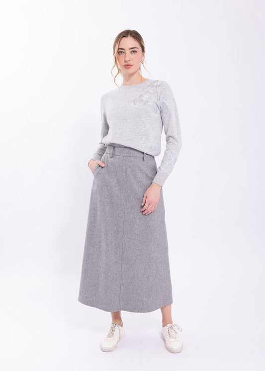HEATHER GREY WOOL PANEL SKIRT WITH Q-TOP POCKETS