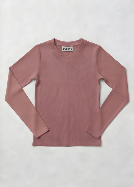 MICRORIBBED V-NECK LONG SLEEVES - TRUFFLE