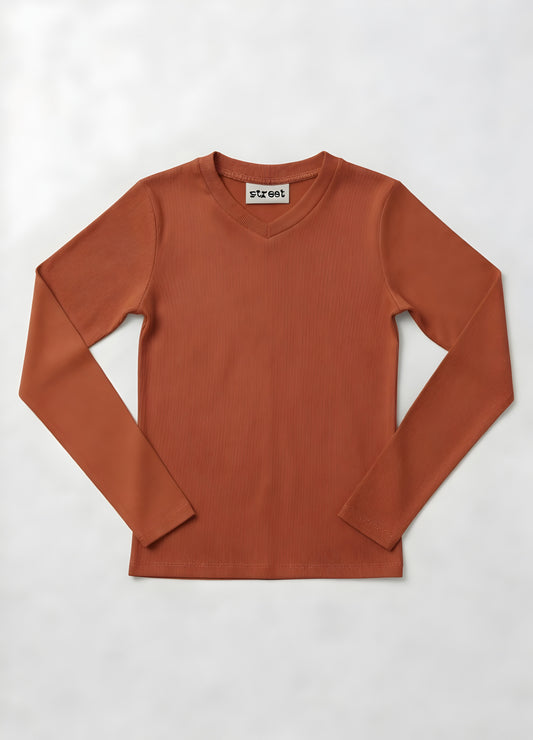 MICRORIBBED V-NECK LONG SLEEVES - TOFFE