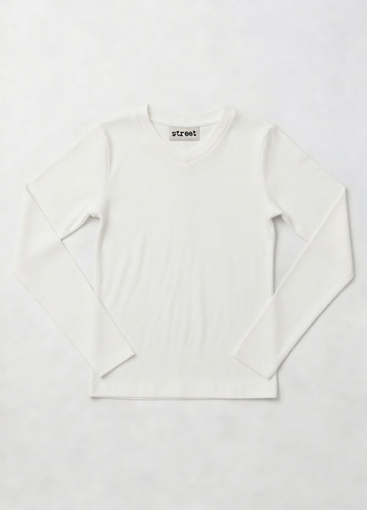 MICRORIBBED V-NECK LONG SLEEVES - WHITE