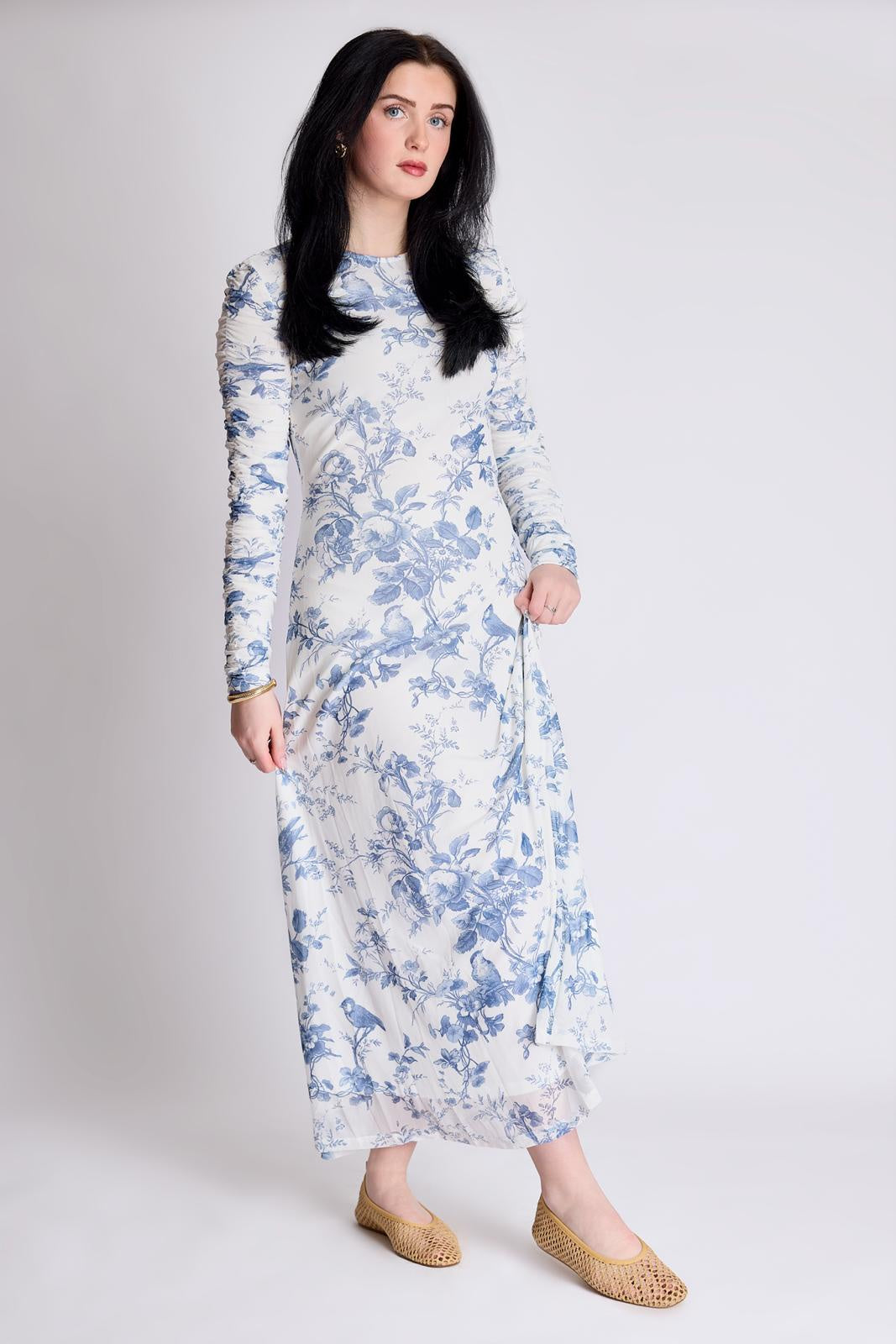 BLUE TOILE RUCHED SLEEVE DRESS