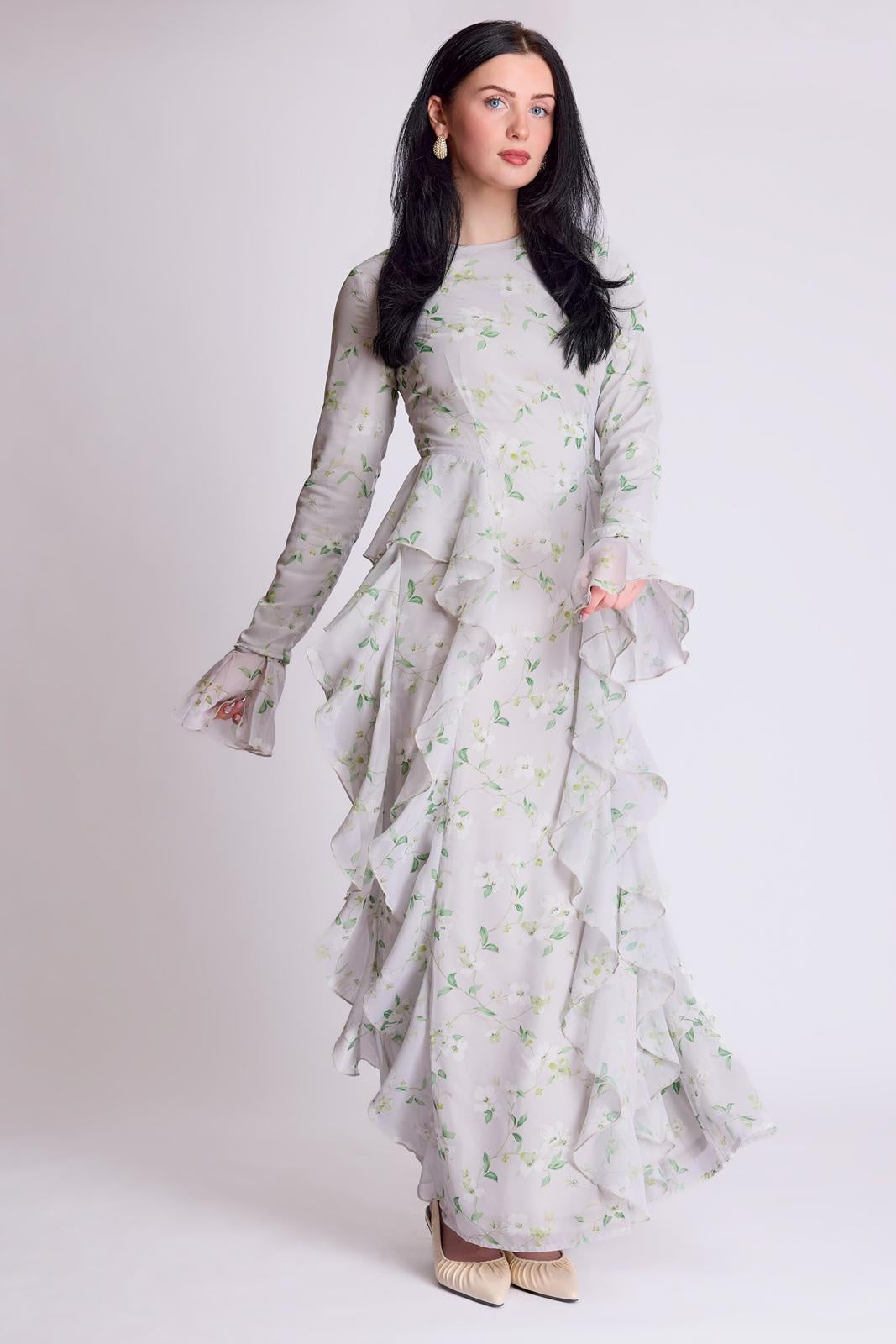 SAGE RUFFLE CORSET MAXI DRESS