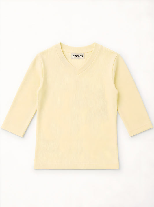 MICRORIBBED V-NECK 3/4 SLEEVES - BUTTER