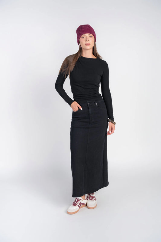 BLACK DENIM FLARE SKIRT