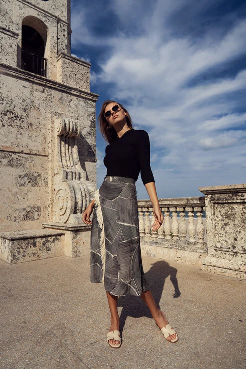 BLACK/CREAM FAUX WRAP FRINGE SKIRT