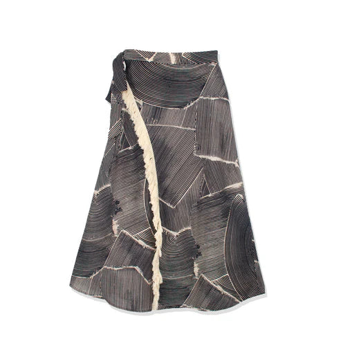 BLACK/CREAM FAUX WRAP FRINGE SKIRT