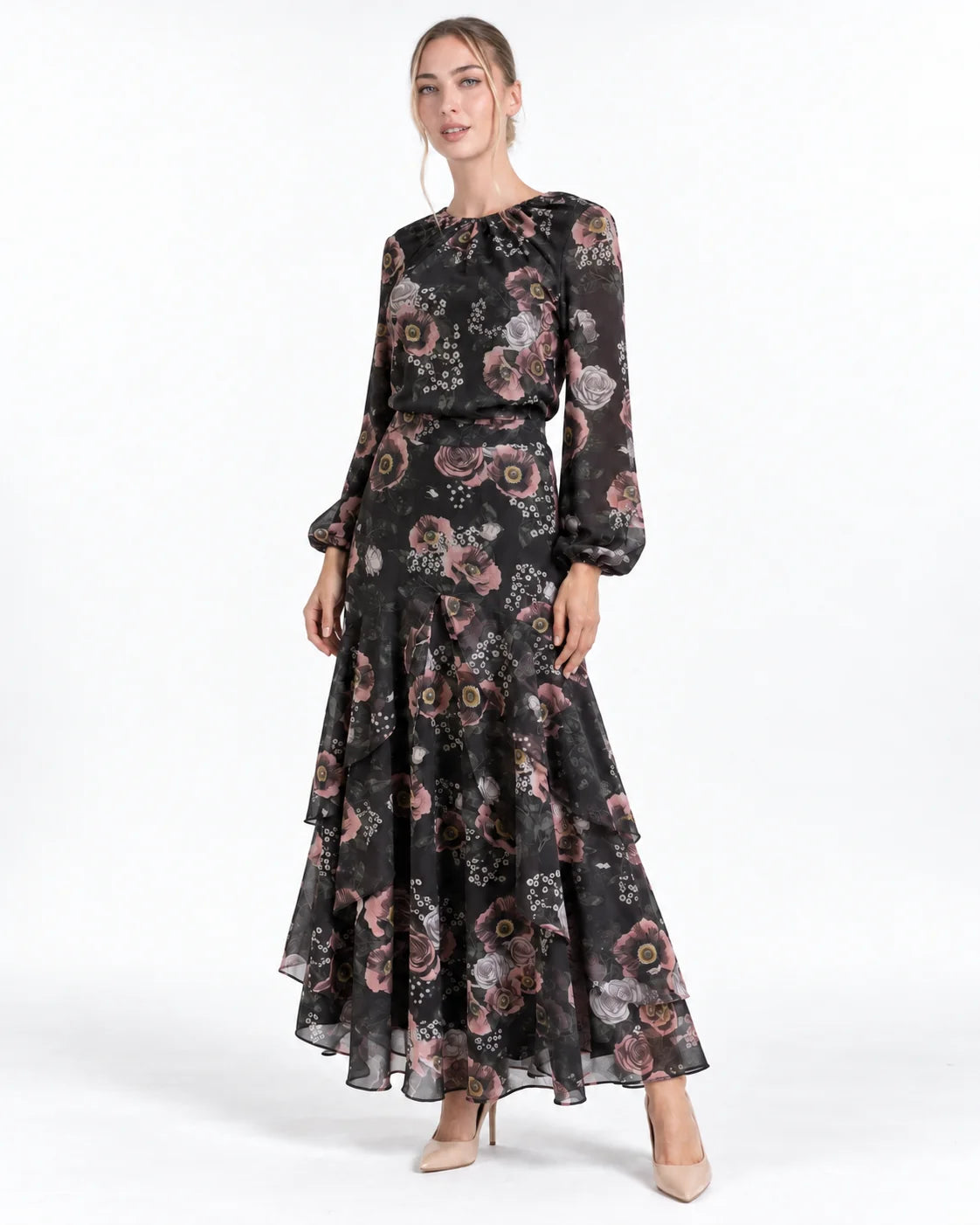 PINK FLOWERS ON BLACK JODI SKIRT