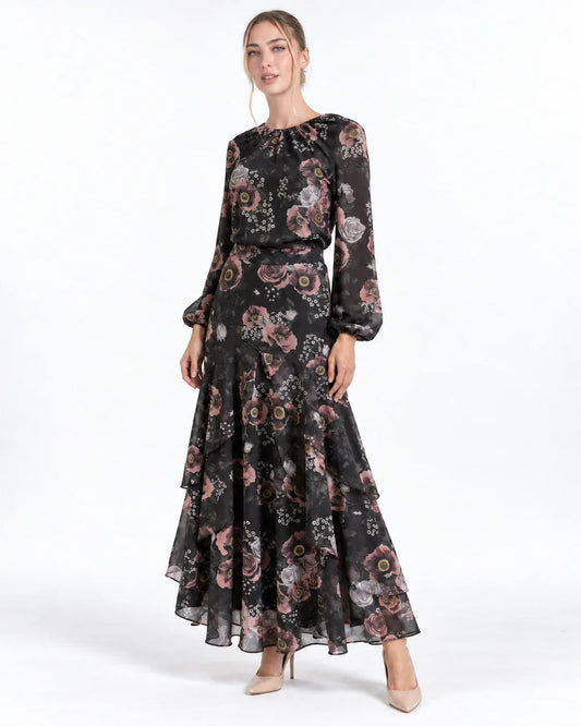PINK FLOWERS ON BLACK JODI SKIRT