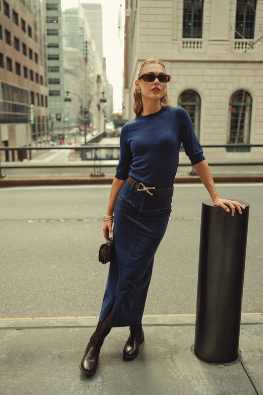 LONDON BLUE FRAY DETAIL CORDUROY SKIRT