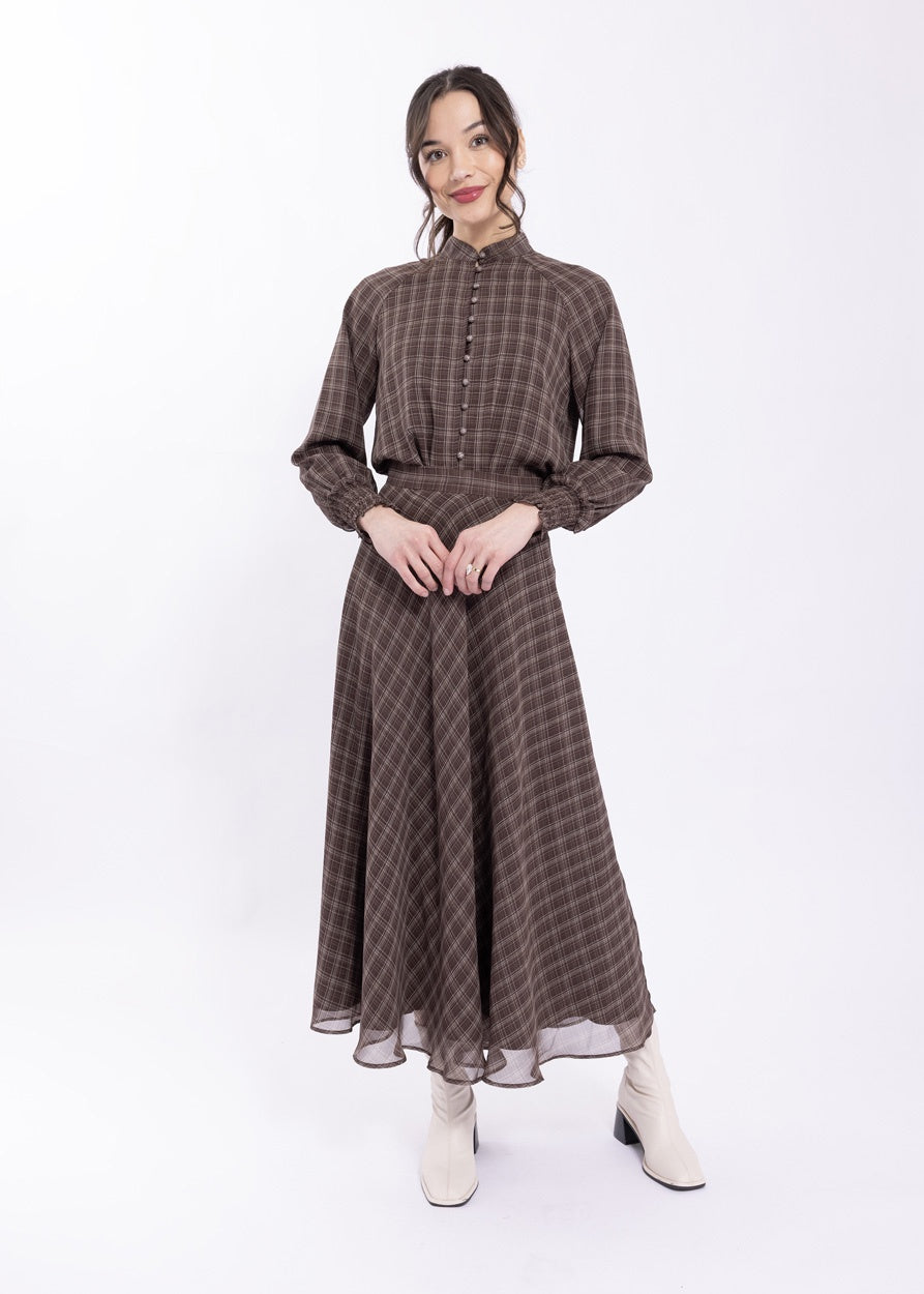 BROWN PLAID BLOUSE WITH SMOCKED CUFF