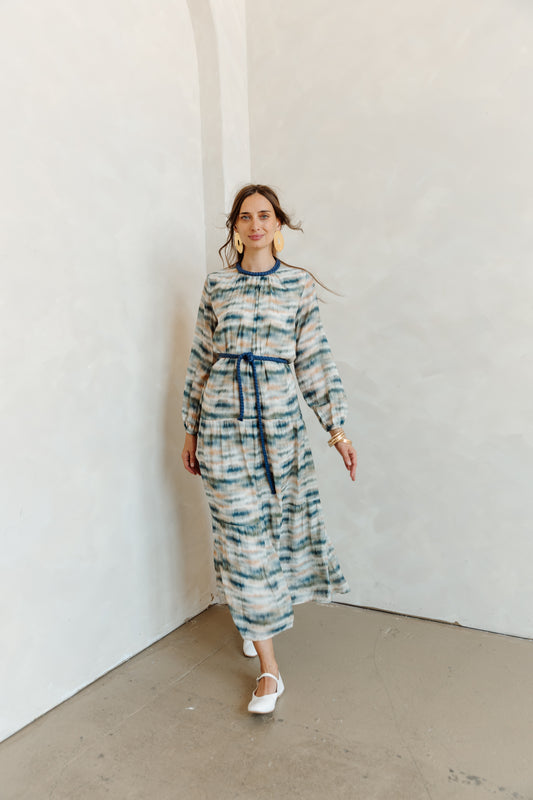 BLUE TIERED BRAIDED DRESS