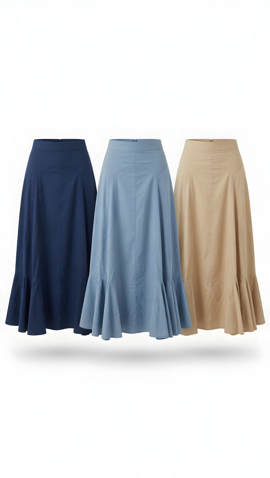LINEN-LIKE FLARED MIDI SKIRT AVAILABLE IN 3 COLORS