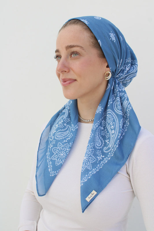 SHORT CLASSIC PRETIED PAISLEY OCEAN BLUE HEAD SCARF