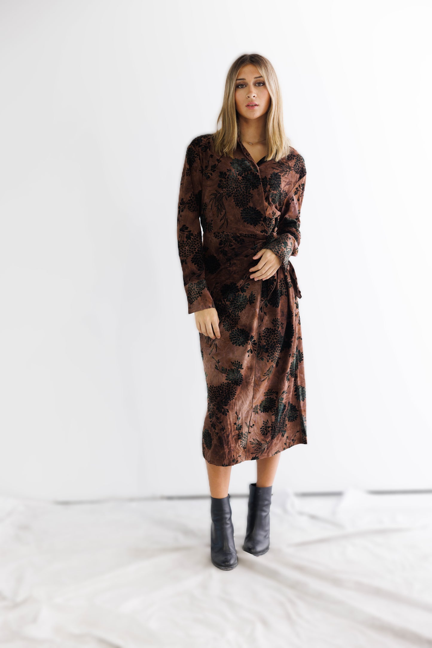 MESH VELVET MOCK WRAP DRESS