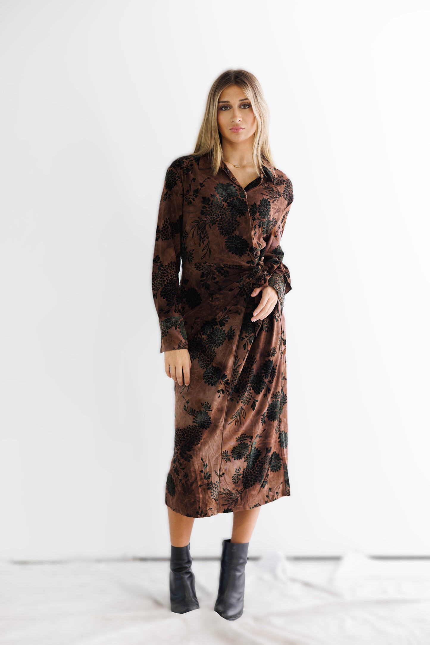 MESH VELVET MOCK WRAP DRESS