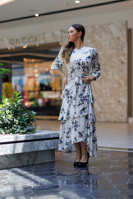 WAISTED MOCK WRAP DRESS WITH LAYERED SKIRT