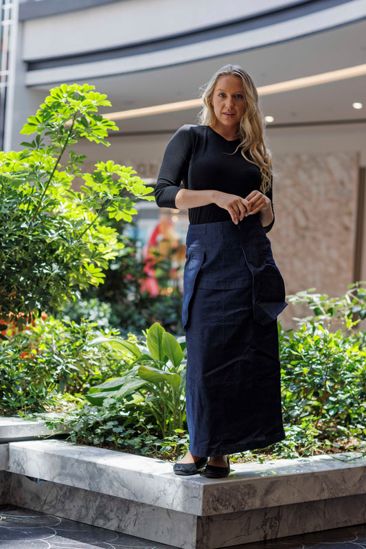 STRETCH DENIM MIDI SKIRT WITH OUTSIDE POCKETS