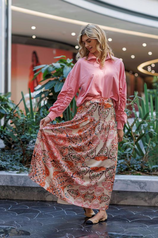 DRWASTRING WAIST PASILY YOKE MAXI SKIRT