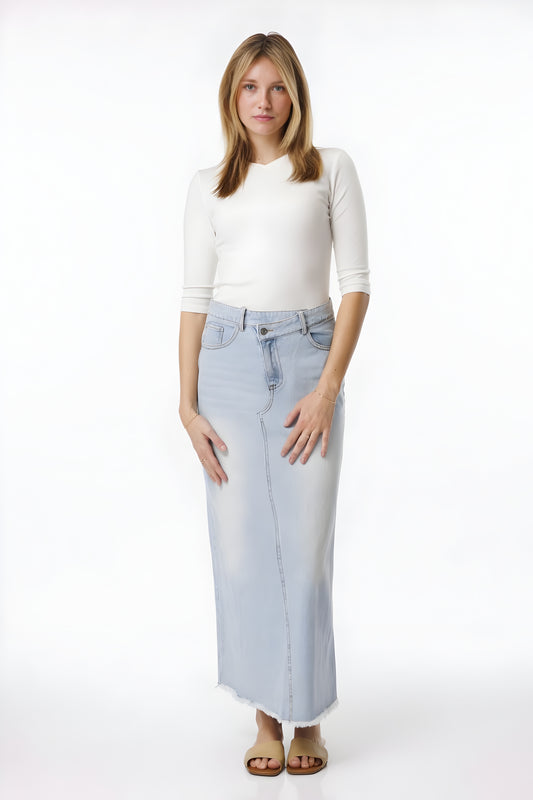 DENIM SKIRT WITH ASYMMETRICAL FLY DETAIL