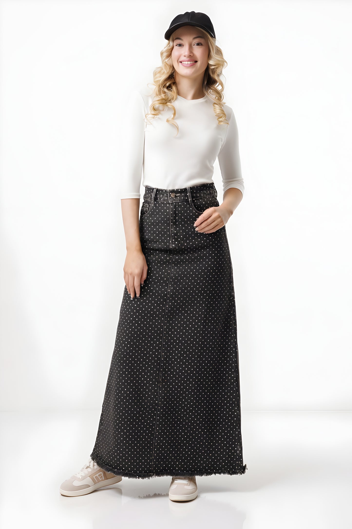 DENIM SKIRT AVAILABLE IN 2 POLKA DOT PATTERNS AND 2 FLORAL PATTERNS