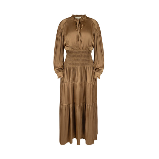 BRONZE SILKY RUCHED WAIST TIER MAXI DRESS